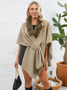 Fuzzy Trim Open Front Poncho (multiple color options)