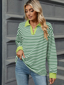 Striped Johnny Collar Long Sleeve Sweatshirt (multiple color options)