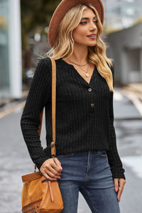 Ribbed Half Button Long Sleeve Knit Top (multiple color options)