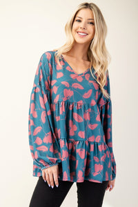 Tiered Floral V-Neck Long Sleeve Blouse