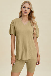 Ribbed V-Neck Short Sleeve Top and Shorts Set (multiple color options)