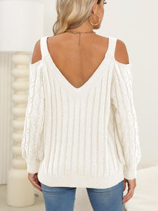 Cable-Knit V-Neck Long Sleeve Sweater (multiple color options)