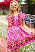 Load image into Gallery viewer, Find Romance Fuchsia Boho Floral Button V Neck Ruffle Dress
