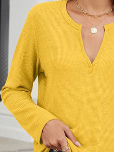 Waffle-Knit Notched Long Sleeve Top (multiple color options)