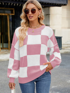 Checkered Round Neck Long Sleeve Sweater (multiple color options)