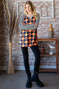 Pumpkin Checkered Contrast Striped Long Sleeve Top