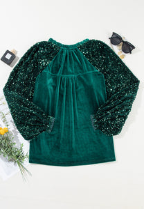 Sequin Notched Long Sleeve Blouse (2 color options)