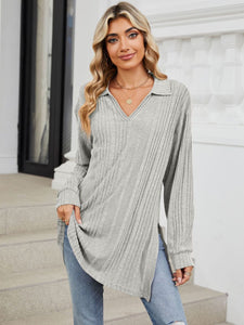 Slit Johnny Collar Long Sleeve Top (multiple color options)