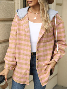 Drawstring Plaid Long Sleeve Hooded Jacket (multiple color options)