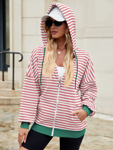 Drawstring Striped Zip Up Long Sleeve Hoodie (multiple color options)