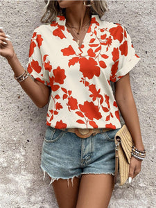 Flower Notched Short Sleeve Blouse (multiple color options)