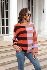 Round Neck Long Sleeve Color Block Dropped Shoulder Sweater (multiple color options)