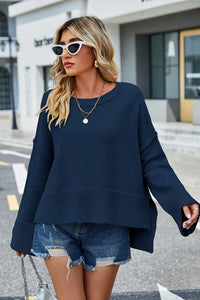 Round Neck Dropped Shoulder Slit Sweater (multiple color options)