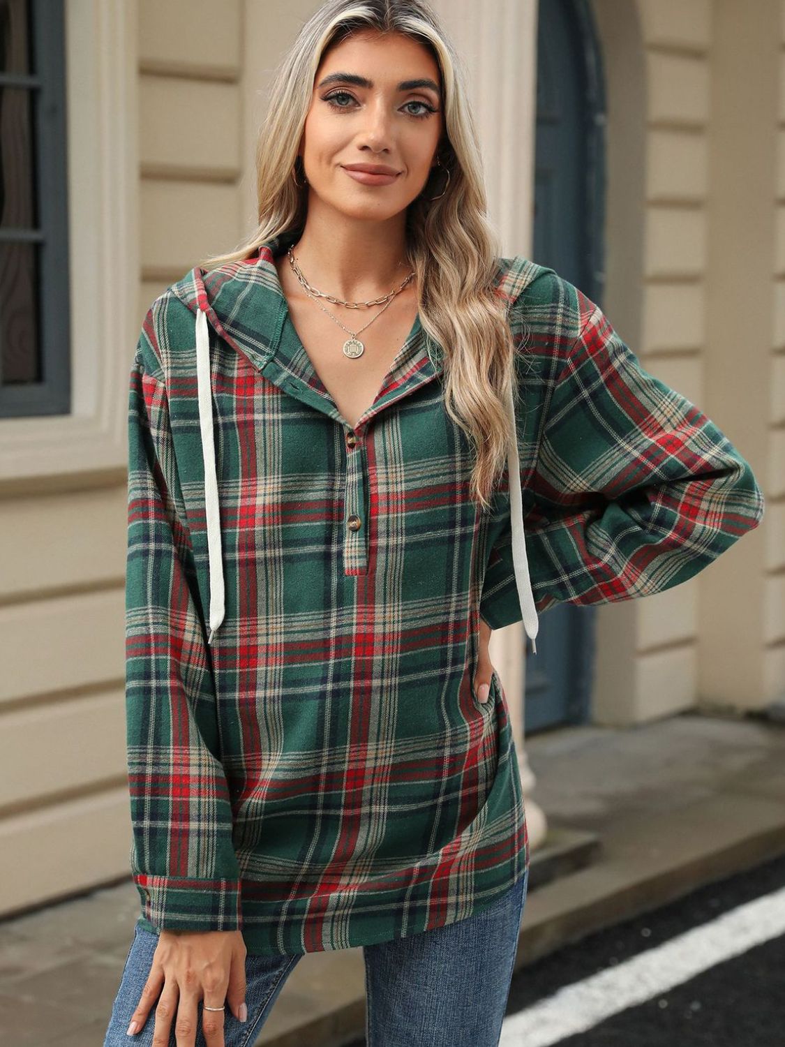 Drawstring Plaid Hooded Long Sleeve Top (multiple color options)