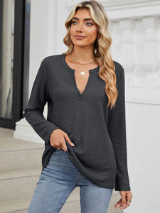 Waffle-Knit Notched Long Sleeve Top (multiple color options)