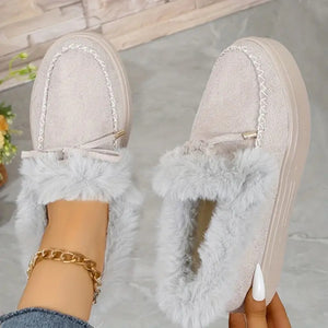 Bow Furry Round Toe Flat Slip-Ons (multiple color options)