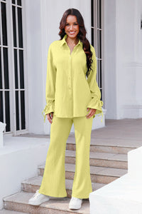 Drawstring Flounce Sleeve Shirt and Pants Set (multiple color options)