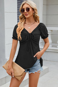 Eyelet Drawstring Short Sleeve Top  (multiple color options)