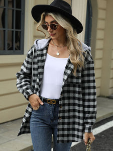 Drawstring Plaid Long Sleeve Hooded Jacket (multiple color options)