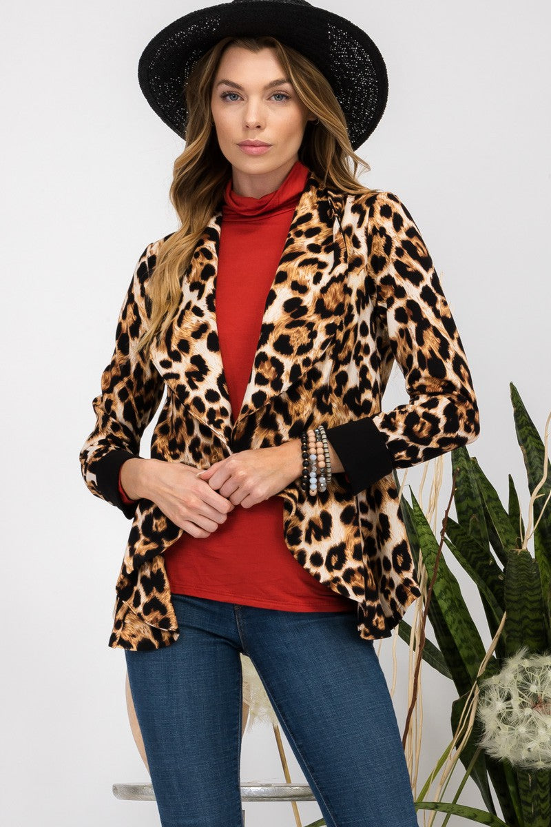 Leopard Open Front Long Sleeve Blazer