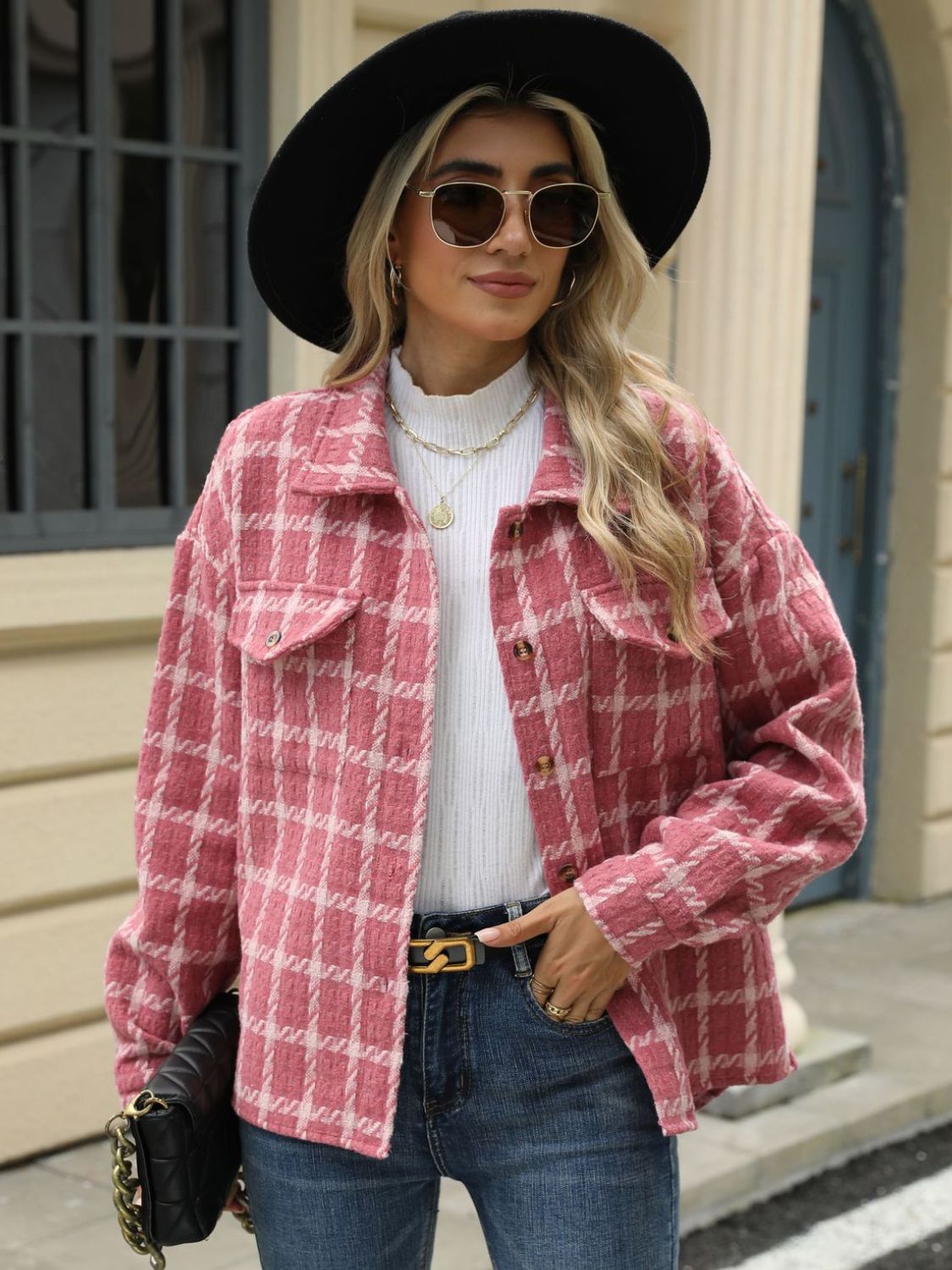 Plaid Collared Neck Long Sleeve Jacket (multiple color options)