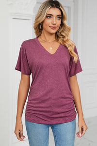 Ruched V-Neck Short Sleeve T-Shirt (multiple color options)