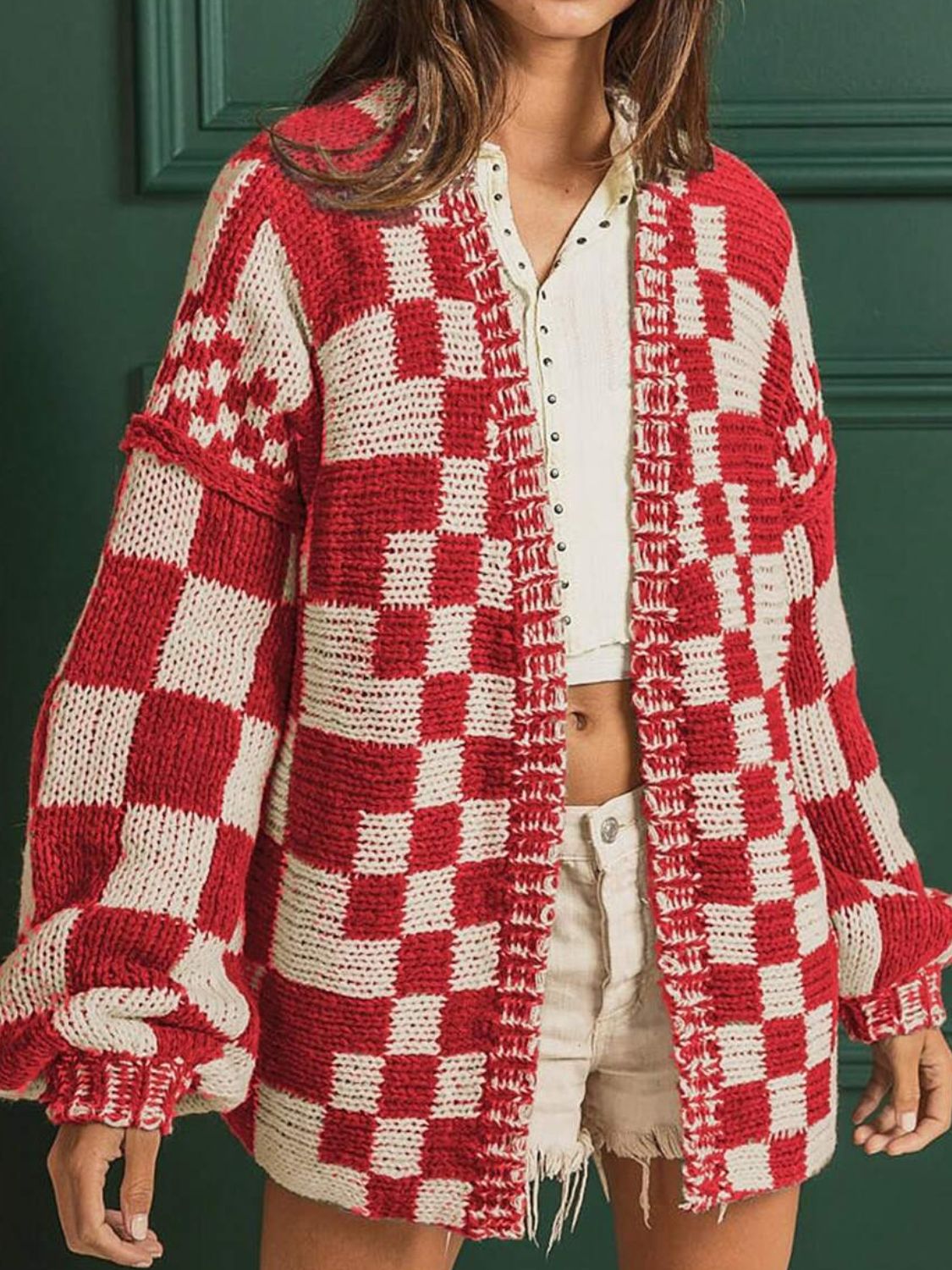 Checkered Open Front Long Sleeve Cardigan (multiple color options)