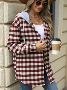 Drawstring Plaid Long Sleeve Hooded Jacket (multiple color options)