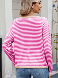 Striped Contrast Round Neck Long Sleeve Sweater (multiple color options)