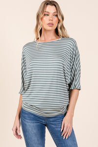 Striped Boat Neck Dolman Sleeve Top in Dusty Olive