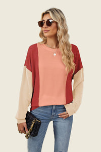 Texture Contrast Round Neck Long Sleeve Top (multiple color options)