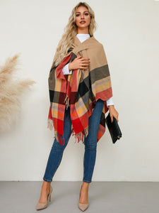 Fringe Contrast Plaid Poncho (multiple color options)