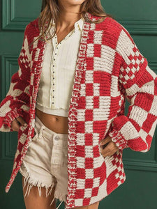 Checkered Open Front Long Sleeve Cardigan (multiple color options)