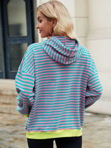 Drawstring Contrast Striped Long Sleeve Hoodie (multiple color options)