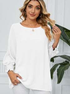 Smocked Lantern Sleeve Round Neck Blouse (multiple color options)