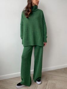 Slit Turtleneck Long Sleeve Top and Pants Sweater Set (multiple color options)