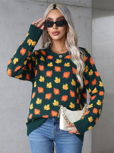 Maple Leaf Round Neck Long Sleeve Sweater (2 color options)