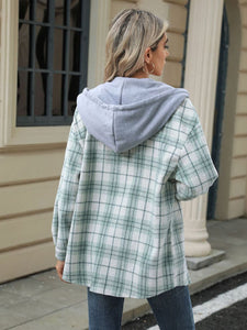 Drawstring Plaid Button Up Hooded Jacket (multiple color options)