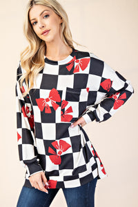 Checkered Bow Print Round Neck Top