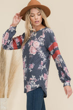 Load image into Gallery viewer, Floral Curved Hem T-Shirt with Stripe Detail
