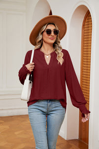 Notched Neck Flounce Sleeve Blouse (multiple color options)