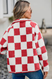 Checkered Snap Down Long Sleeve Teddy Jacket  (multiple color options)