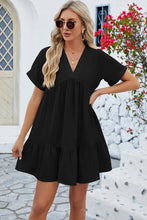 Load image into Gallery viewer, Ruched Tiered V-Neck Short Sleeve Mini Dress (multiple color options)
