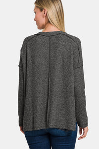 Exposed Seam Brushed Round Neck Sweater in Black