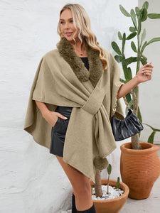 Fuzzy Trim Open Front Poncho (multiple color options)