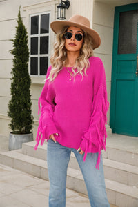 Ribbed Round Neck Fringe Detail Sweater (multiple color options)