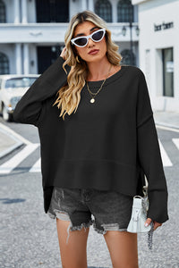 Round Neck Dropped Shoulder Slit Sweater (multiple color options)