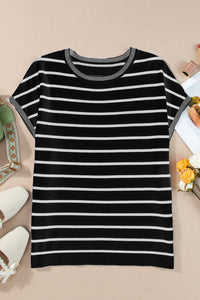 Striped Round Neck Cap Sleeve Knit Top (multiple color options)