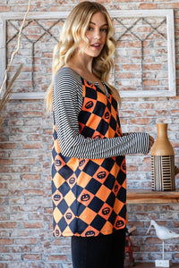 Pumpkin Checkered Contrast Striped Long Sleeve Top