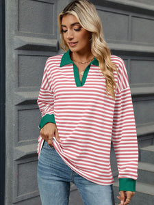 Striped Johnny Collar Long Sleeve Sweatshirt (multiple color options)